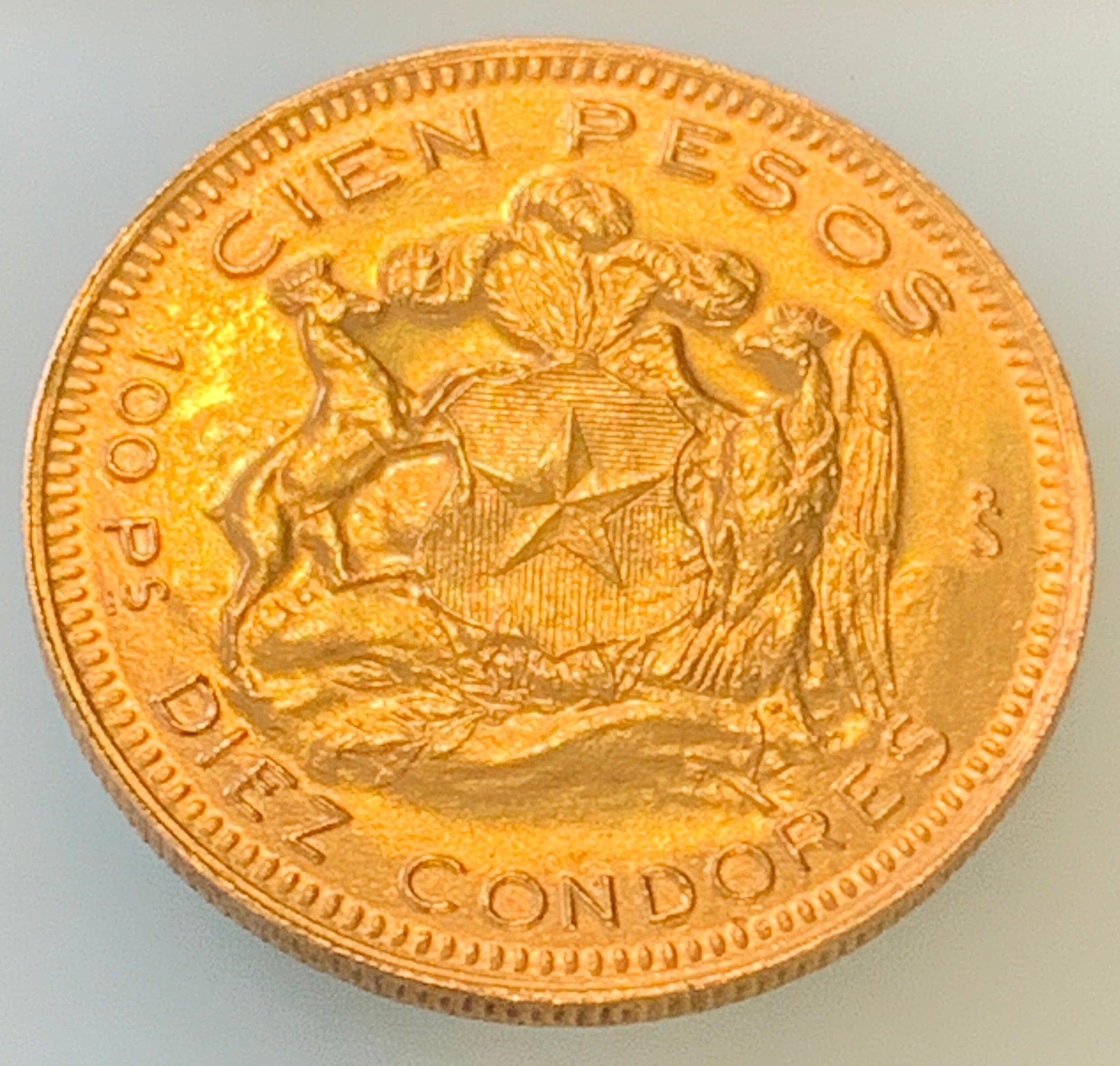 1958 Chile 100 Pesos Diez Condores Gold Coin 20.3 Grams Santiago Mint