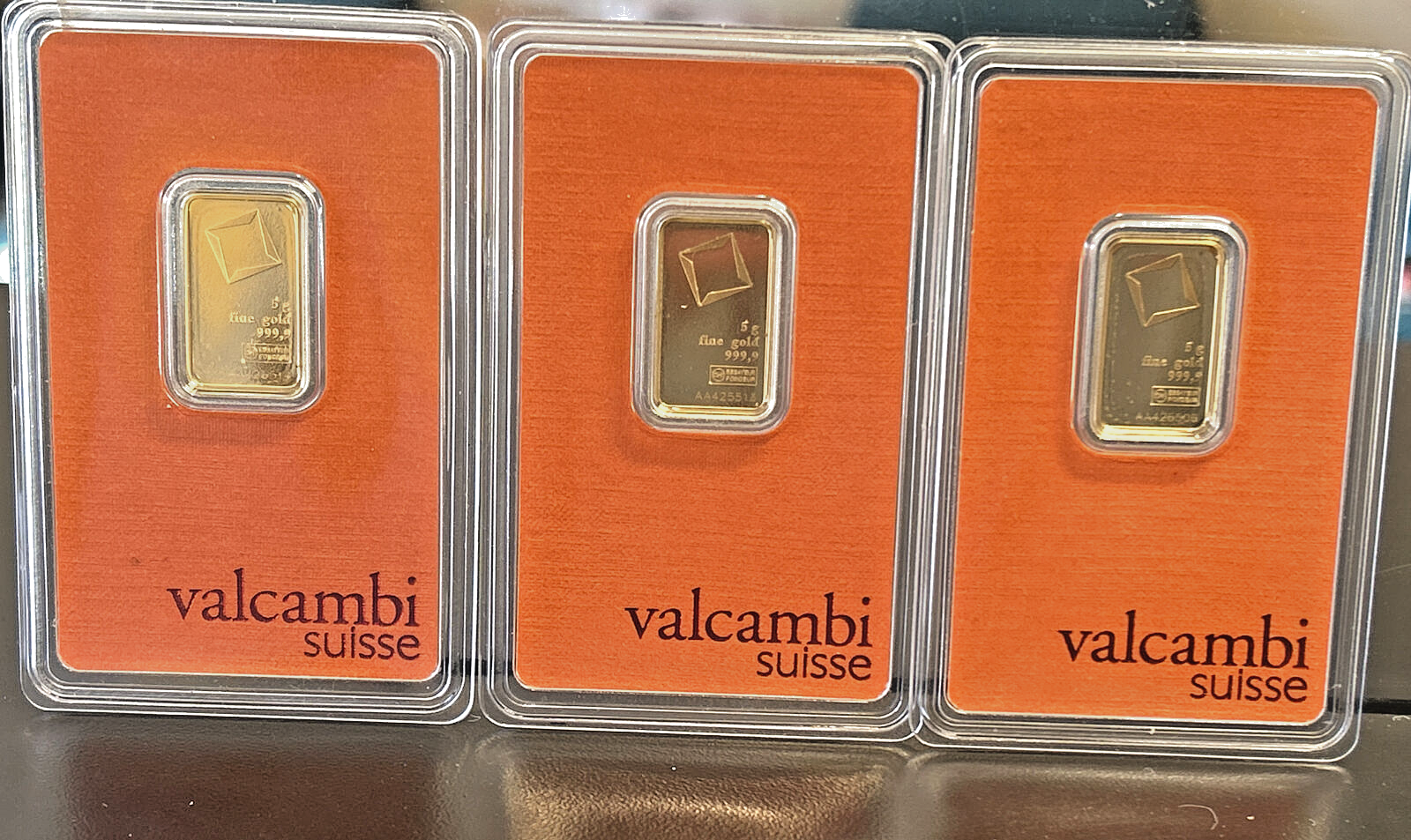 3 Valcambi Suisse 5 Gram Gold Bars 999.9 - Sealed w Assay & Serial Numbers