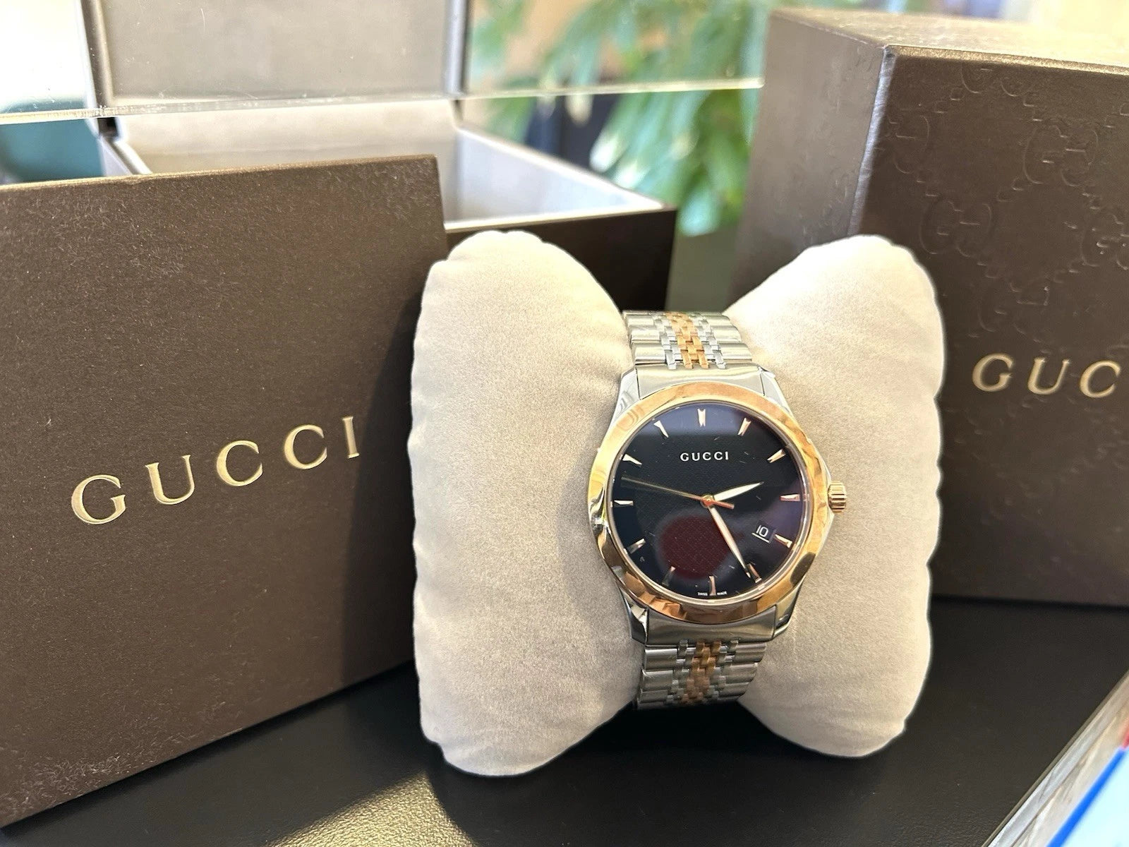 Gucci Men's YA126410 Gucci Timeless Steel and Pink PVD Black Dial Watch