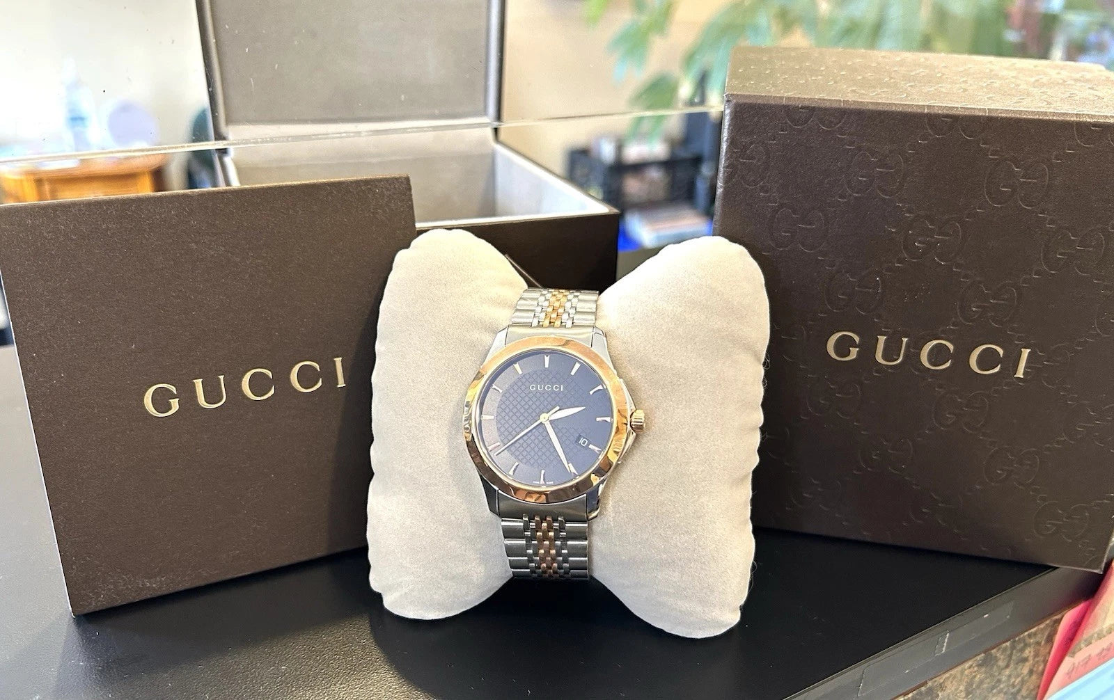 Gucci Men's YA126410 Gucci Timeless Steel and Pink PVD Black Dial Watch