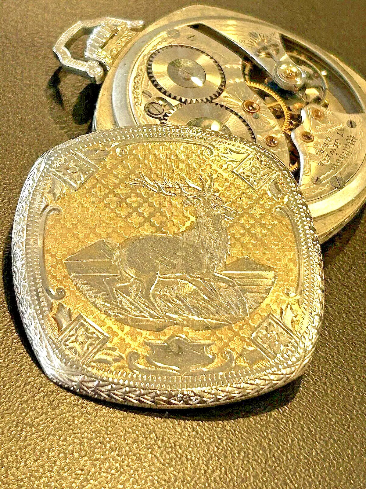 Antique 14k Gold Waltham Open Face 37mm Pocket Watch w/ Deer - 61.9 Grams