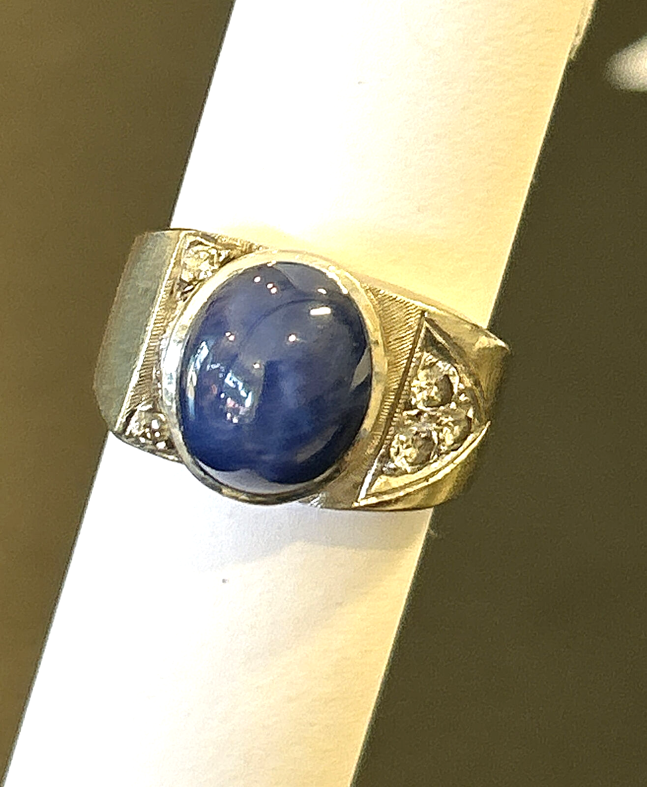 14k White Gold Large Blue Star Sapphire & Diamond Ring Size 7 ~ Solid 11 Grams