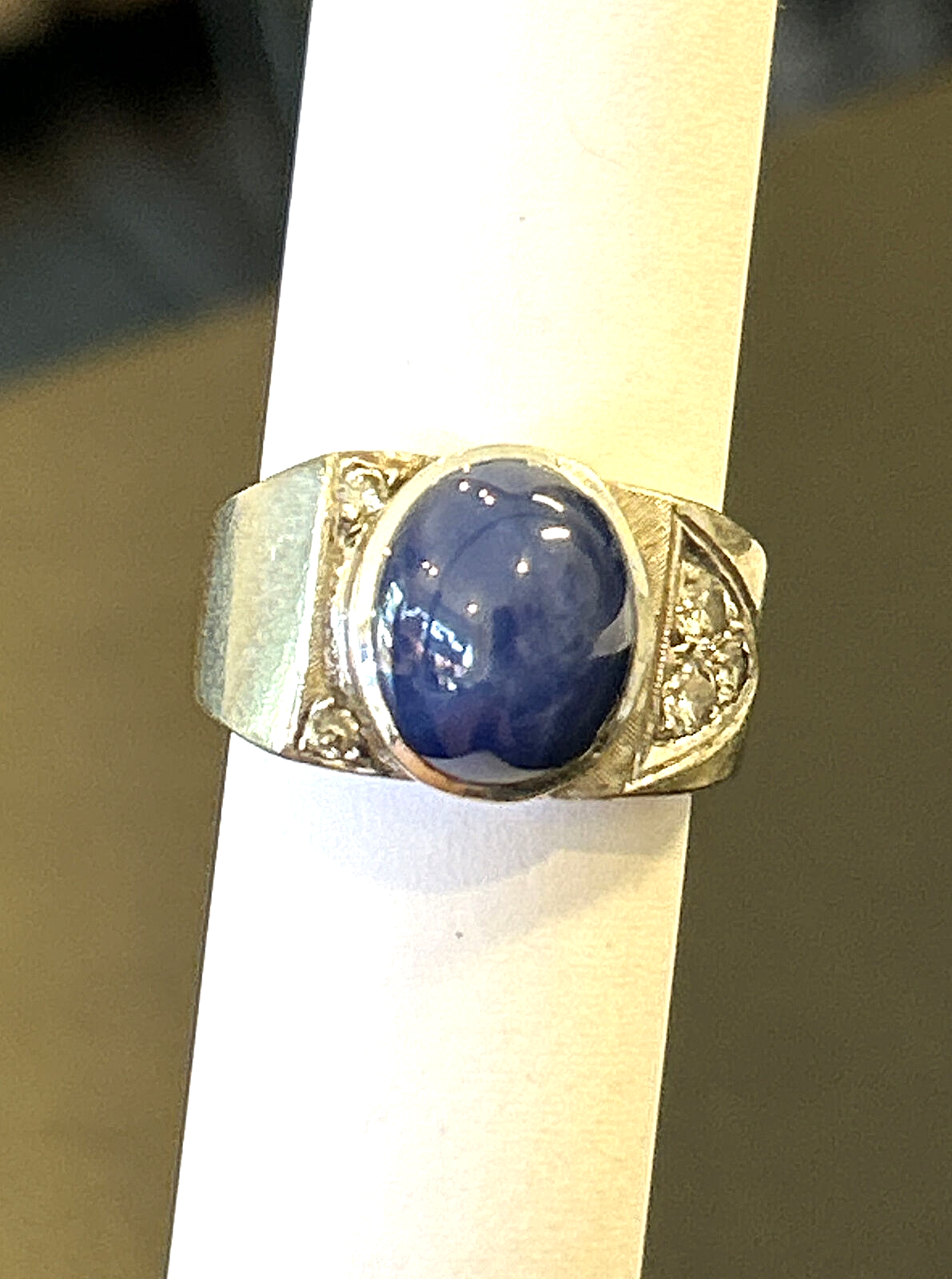 14k White Gold Large Blue Star Sapphire & Diamond Ring Size 7 ~ Solid 11 Grams