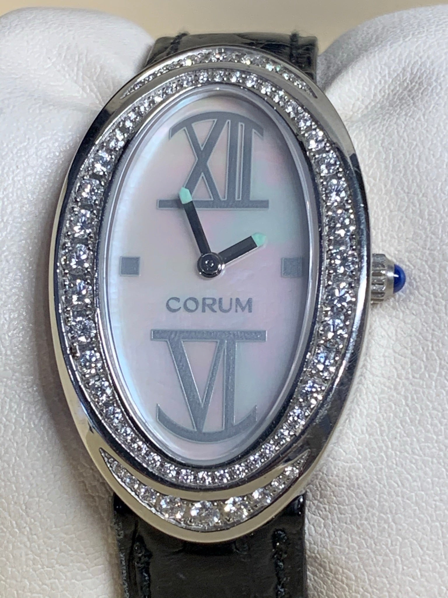 Corum Lady Ovale SS Blue-Gray MOP Dial, Diamond Bezel, w/ Original Box & Papers