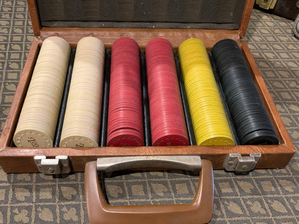 Vintage 1950's Clay Poker Chip Set - 4 Denominations - 294 Chips in Original Case Horsehead Mold