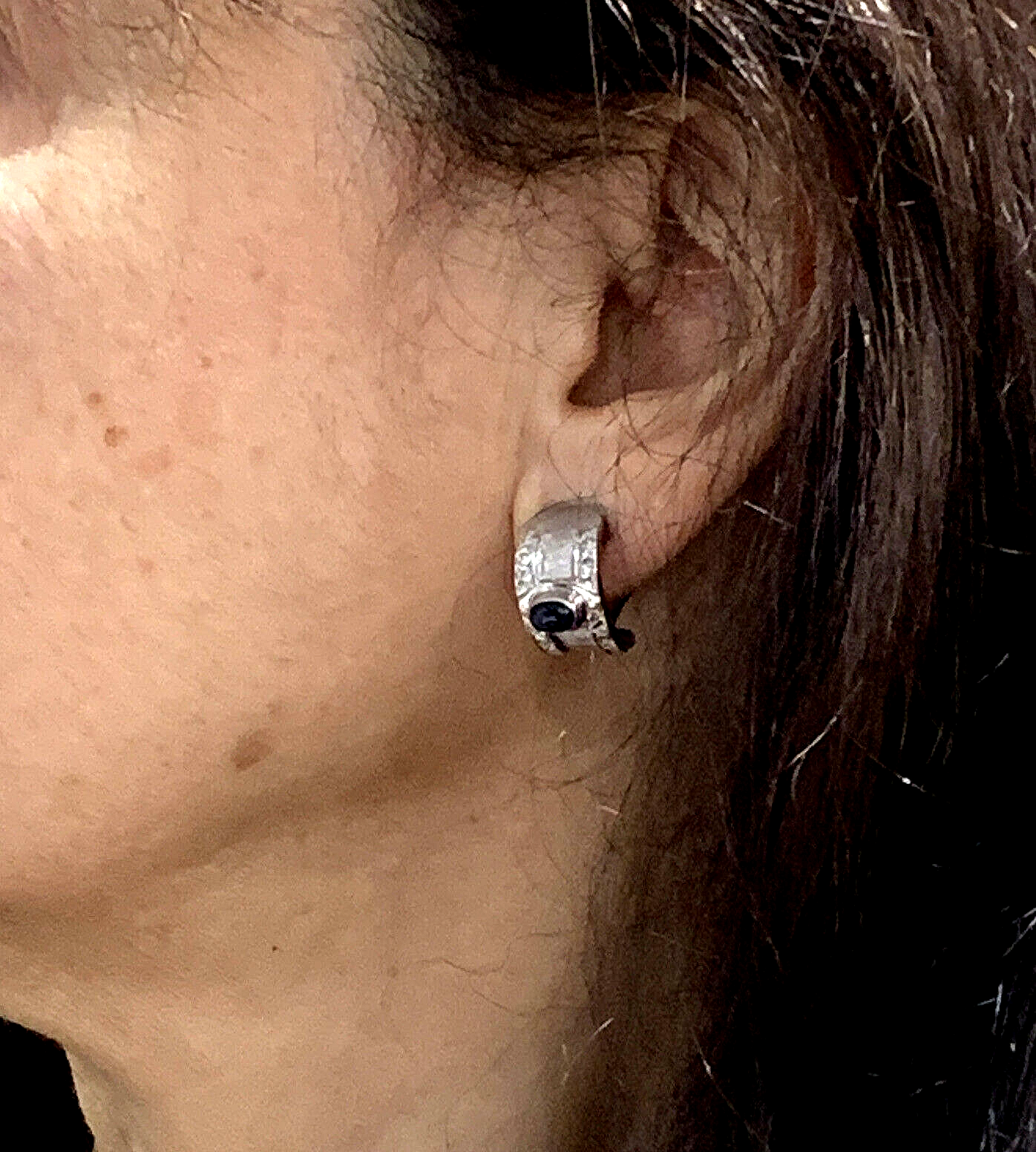Estate 14k White Gold Diamond Huggie Earrings w Sapphire