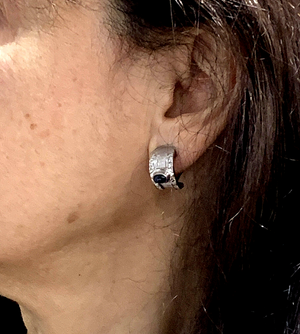 Estate 14k White Gold Diamond Huggie Earrings w Sapphire