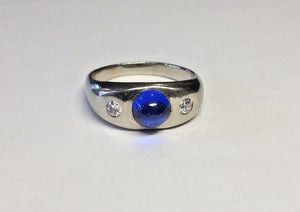 18k White Gold Solid Ring w .20ctw Diamonds / Blue Cabochon Sz 9 3/4 - 9.8 Grams